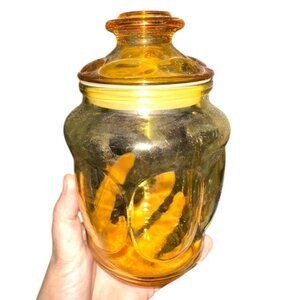 Vintage Amber LE Smith Paneled Small Glass Lidded Canister / Jar